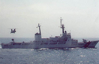Cross decking to a USCG cutter. The Coast Guard patrolled the seas off Vietnam looking for small boats running supplies from the North. Note that the H-46 is flying sideways. The ship would be making about 6 knots and the wind was usually at least 15, a combine total of 21 knots. I hated seeing the guys flying sideways, the result of flying too fast sideways could be an engine flameout. That would put you straight into the drink, no chance of a recovery. But I never heard of it happening so I guess it was OK. 